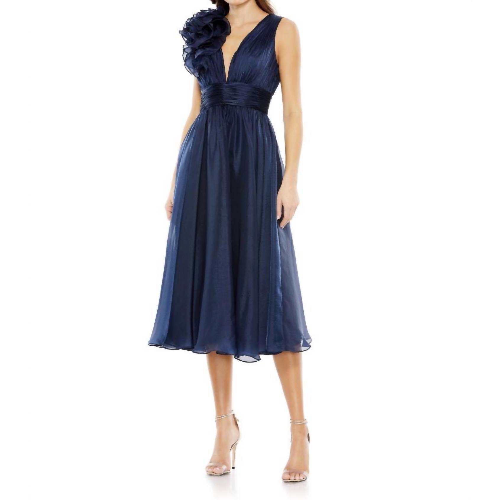 New Mac Duggal Midi Wedding Guest Dress In Navy